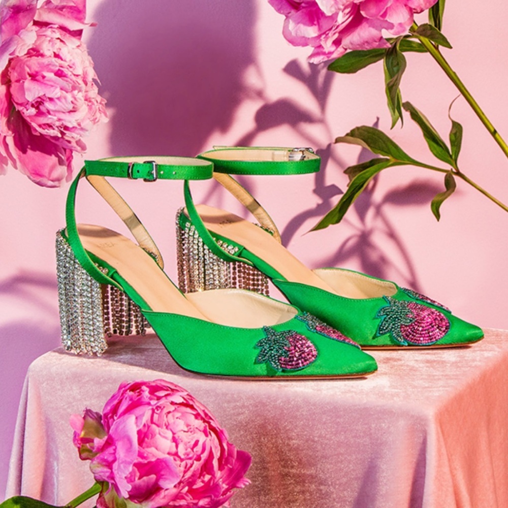 AREA Rare Strawberry Beaded Crystal Embellished Pumps
